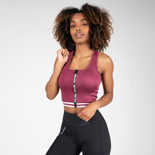 Gorilla Wear Mesa Zip Front Crop Top, Burgundy Red