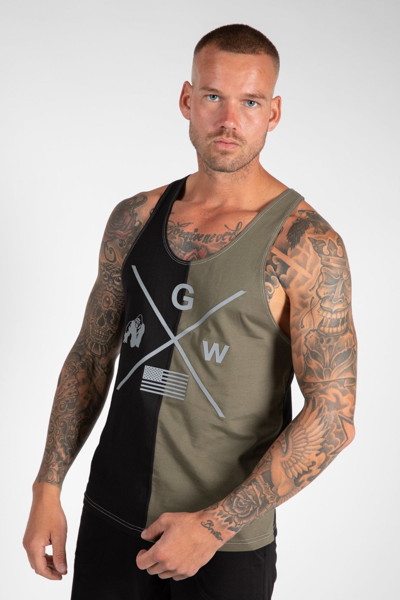 Gorilla Wear Sterling Stringer Tank Top, Black/Army Green
